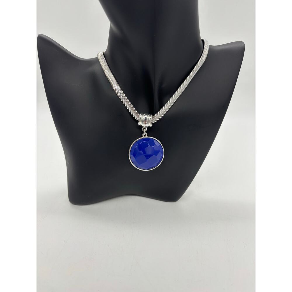 Trifari silver tone snake chain w/ blue pendant necklace coastal grandma 18”
